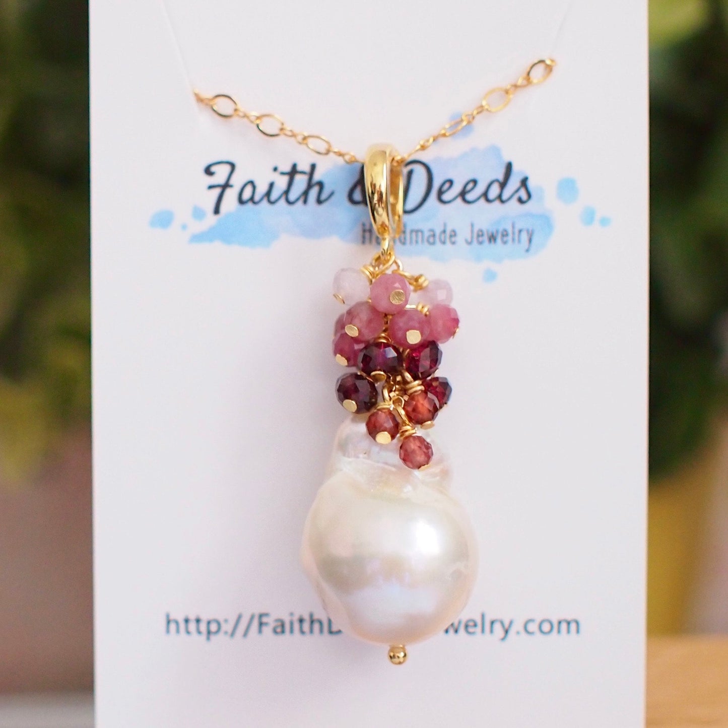 Baroque Pearl x Gem Cluster Pendant // Flameball Pearl // Long Statement Necklace // Garnet x Pink Tourmaline x Amethyst // 14K Gold-filled