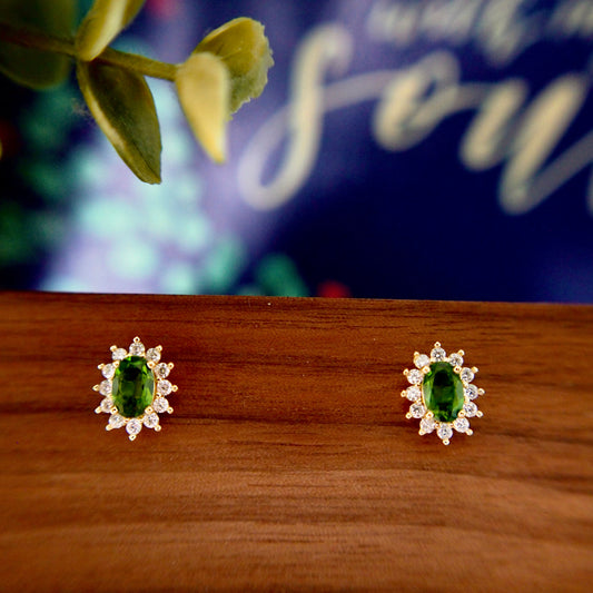 Diopside Earrings // Halo Setting // Cubic Zirconia // 14K Yellow Gold Plated Over Silver