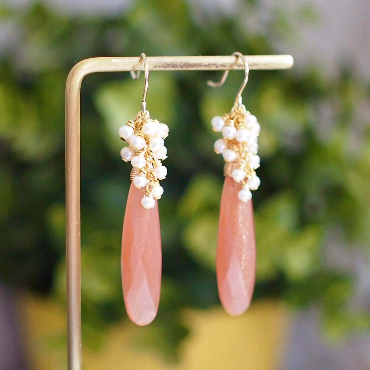 Sunstone Earrings // Statement Earrings // Pearl Cluster // 14K Gold-filled // Wire-wrapped // Elegant & Timeless
