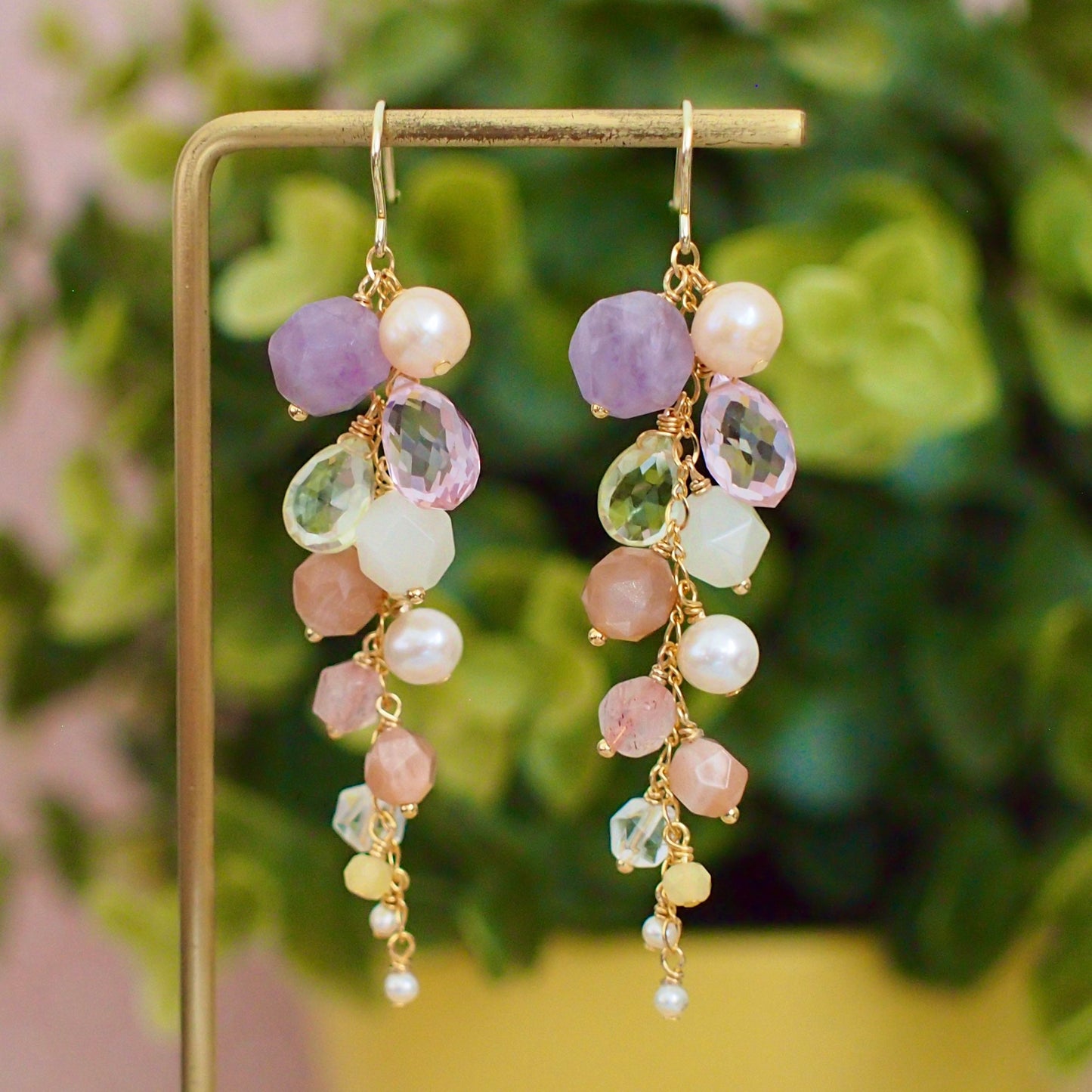 Multi Stones Dangle Earrings // Lilac Floral Theme // Dangling Style // Gems Cluster // Sparkly & Precious // 14K Gold-filled