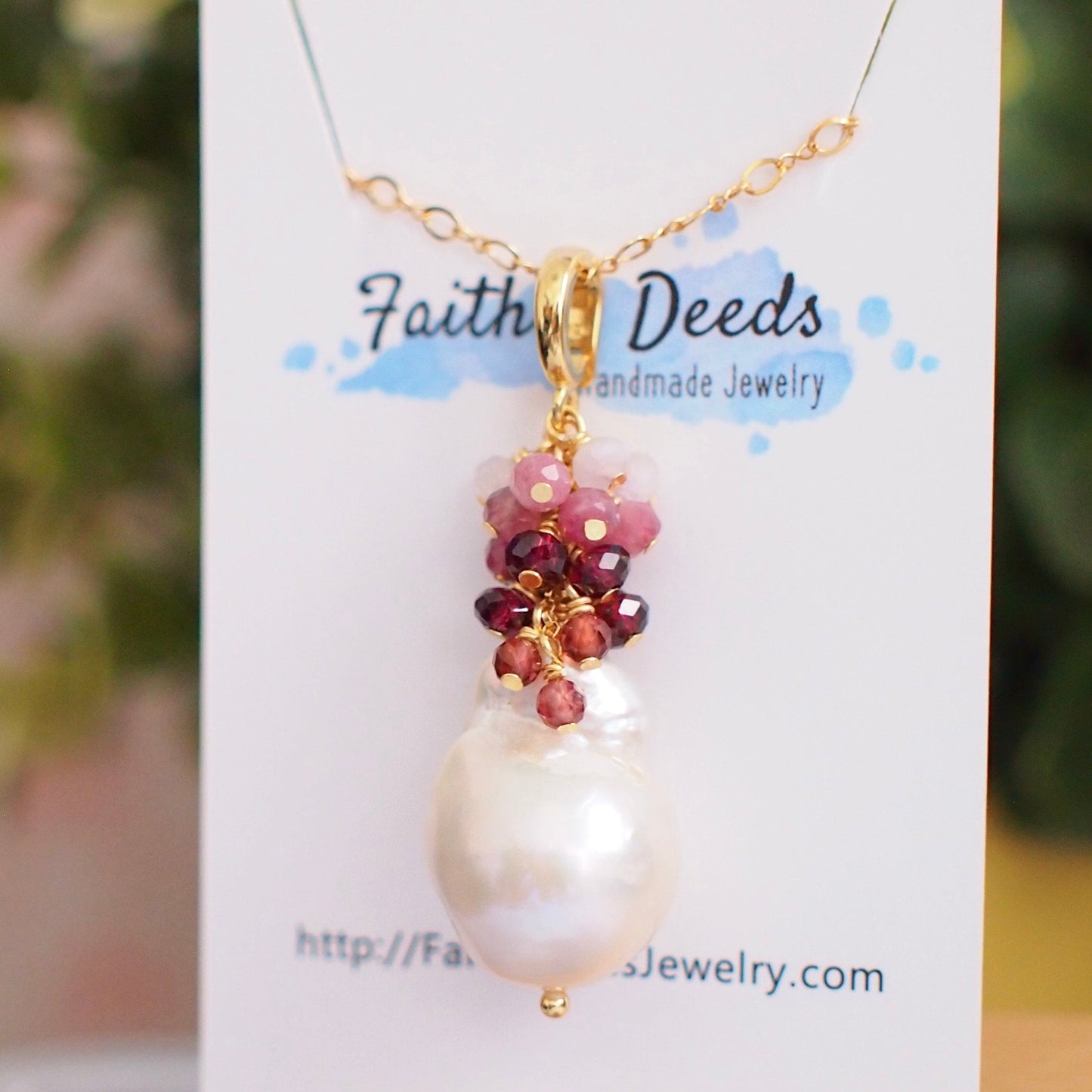 Baroque Pearl x Gem Cluster Pendant // Flameball Pearl // Long Statement Necklace // Garnet x Pink Tourmaline x Amethyst // 14K Gold-filled