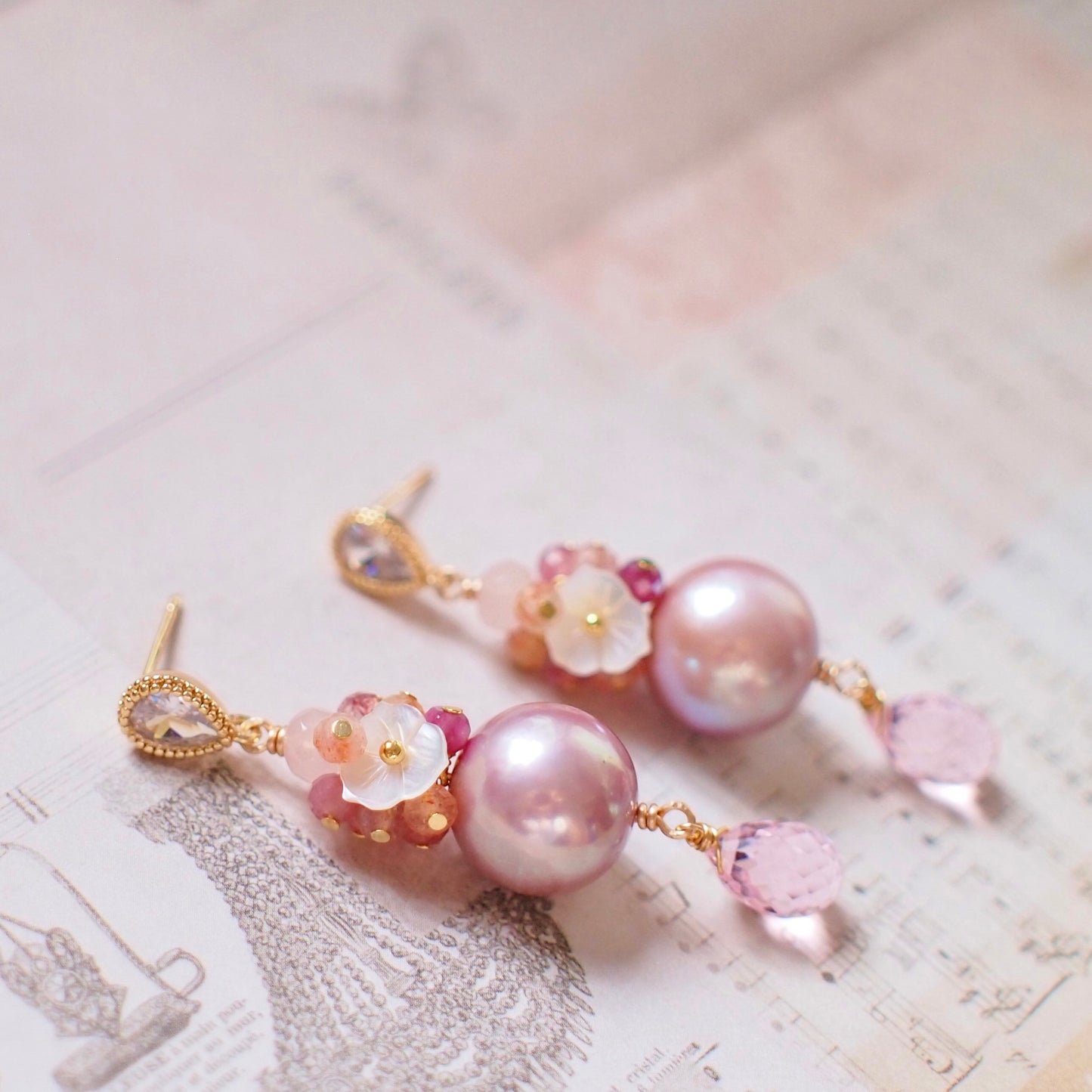Purple Edison Pearl x Pink Quartz Earrings // Gem Cluster // 14K Gold-filled // Sweet & Unique