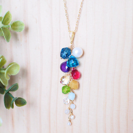 Multi Stones Long Dangling Pendant // Statement Necklace // Colourful & Chic // 14K Gold-filled