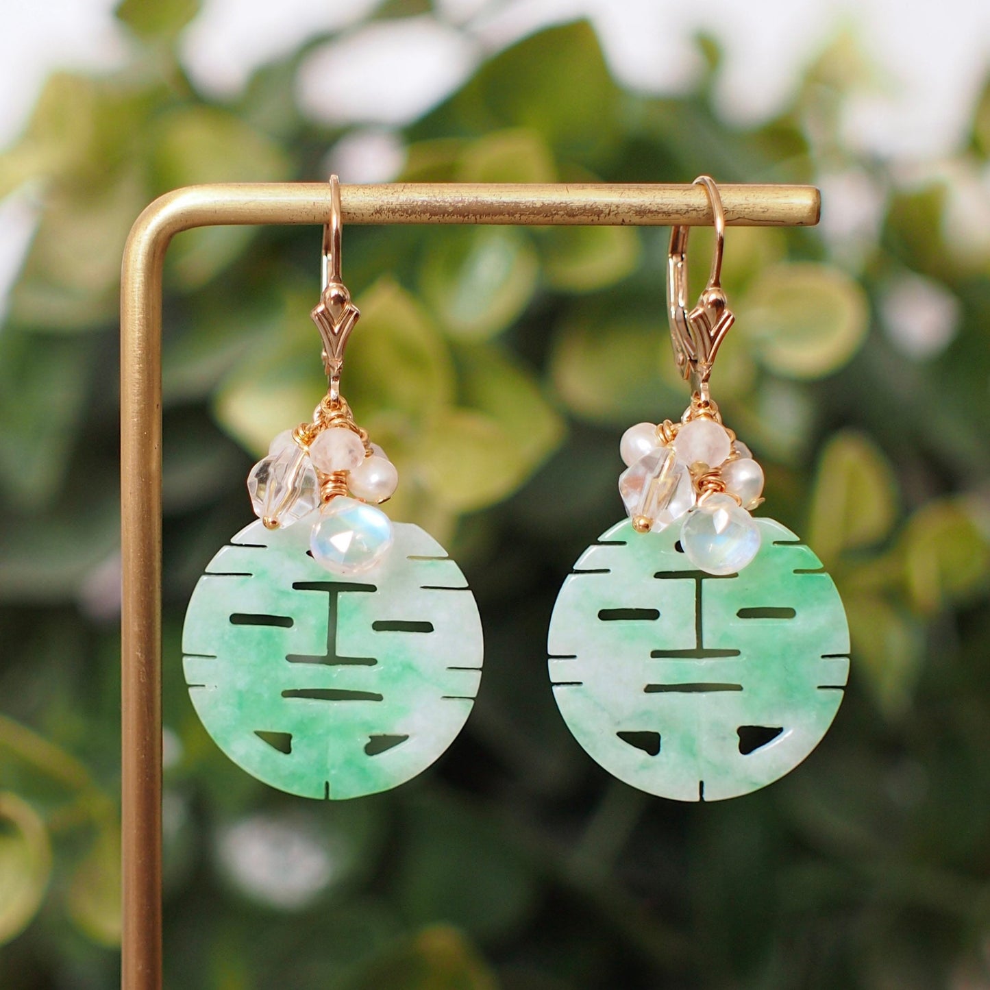 Type A Carved 囍 Jadeite Statement Earrings // Gem Cluster // 14K Gold-filled // Graceful & Elegant