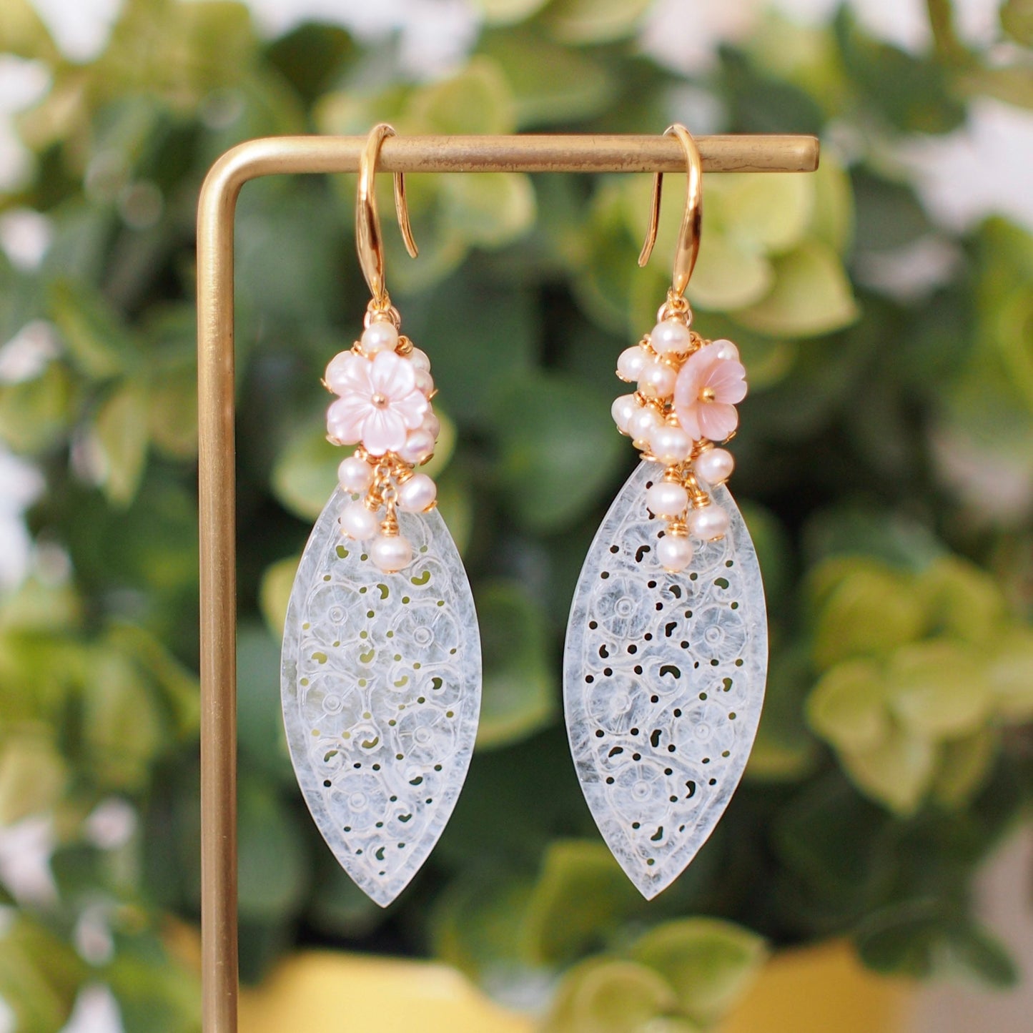 Type A White Carved Jadeite Statement Earrings // Pearl Cluster // 14K Gold-filled // Graceful & Sweet