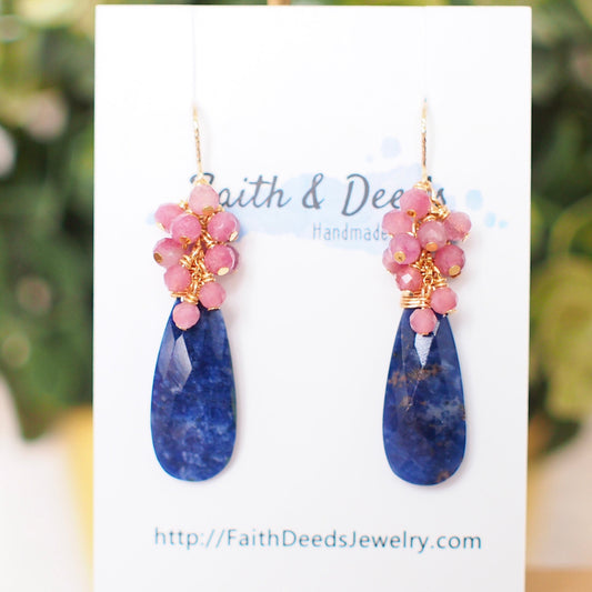 Sodalite x Pink Tourmaline Earrings // Statement Earrings // Gem Cluster // 14K Gold-filled // Gorgeous & Striking