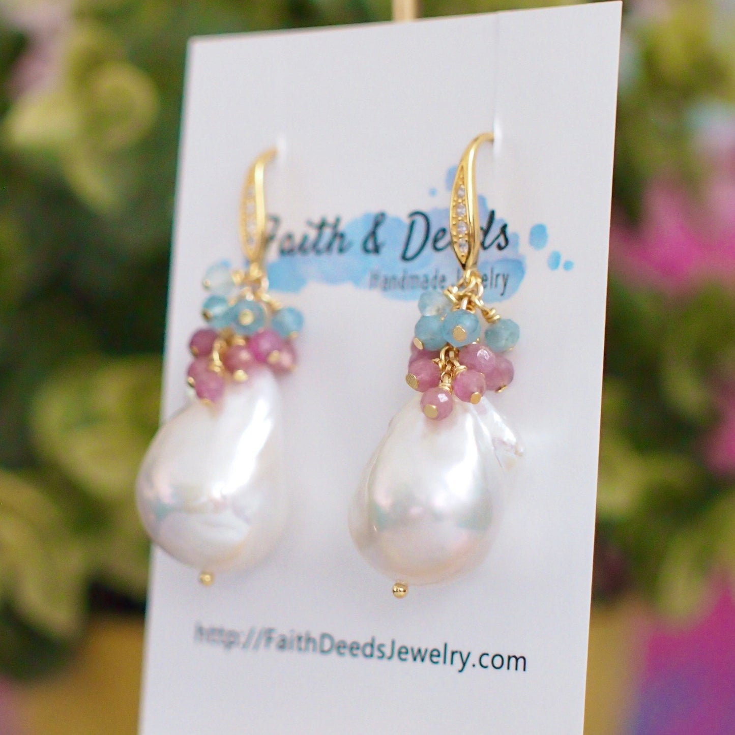 Baroque Pearl Earrings // Statement Earrings // Gems Cluster // Pink Tourmaline x Aquamarine // 14K Gold-filled