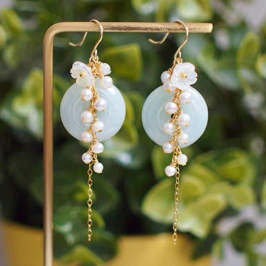 Type A Burmese Jade Donut Earrings // Pearl Cluster // Mother of Pearl Flower // 14K Gold-filled // Elegant and Sweet