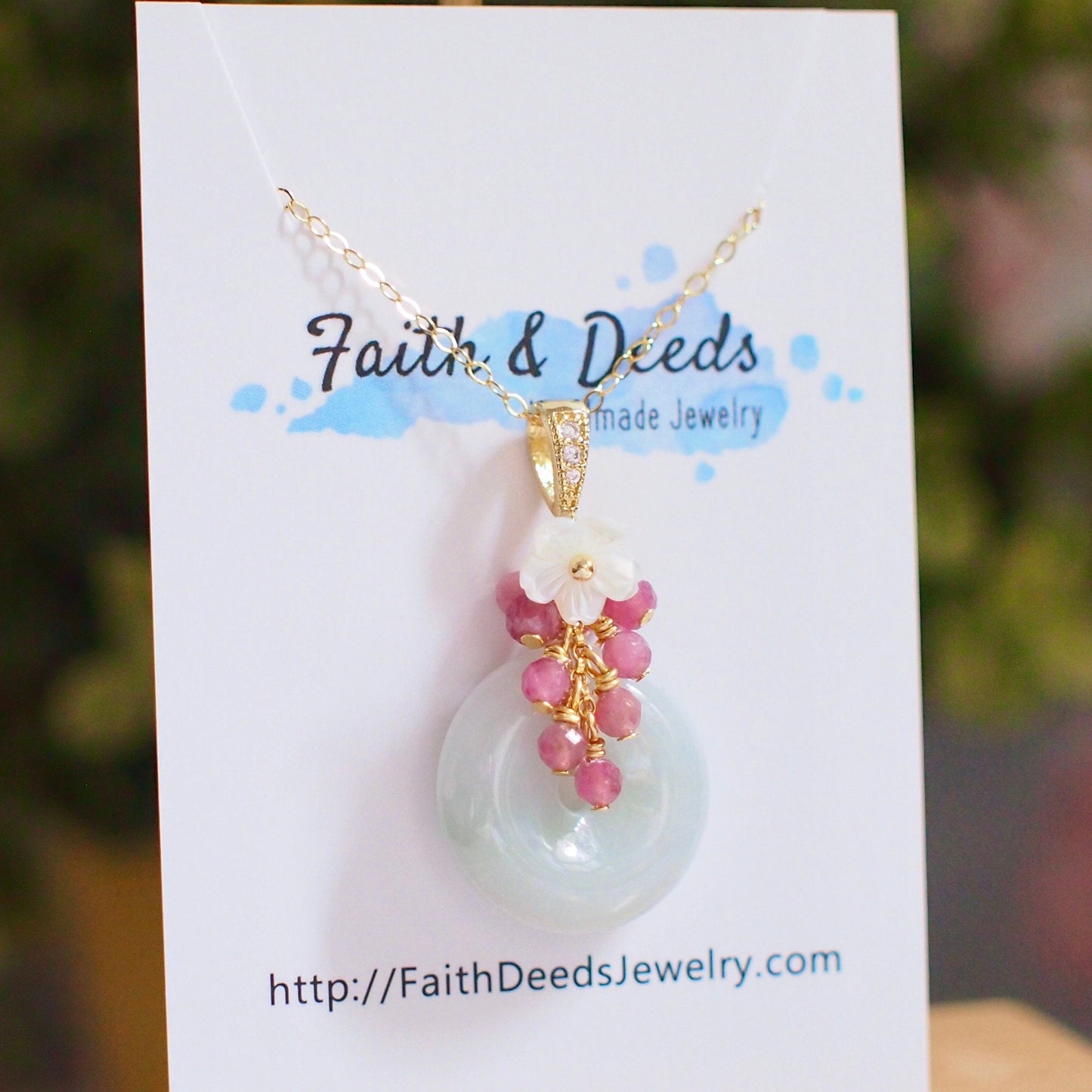 Type A Burmese Jade Donut Pendant // Pink Tourmaline Cluster // 14K Gold-filled