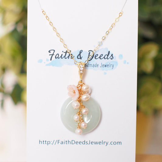 Type A Burmese Jade Donut Pendant // Pearl Cluster // Mother of Pearl Flower // 14K Gold-filled // Romantic & Graceful