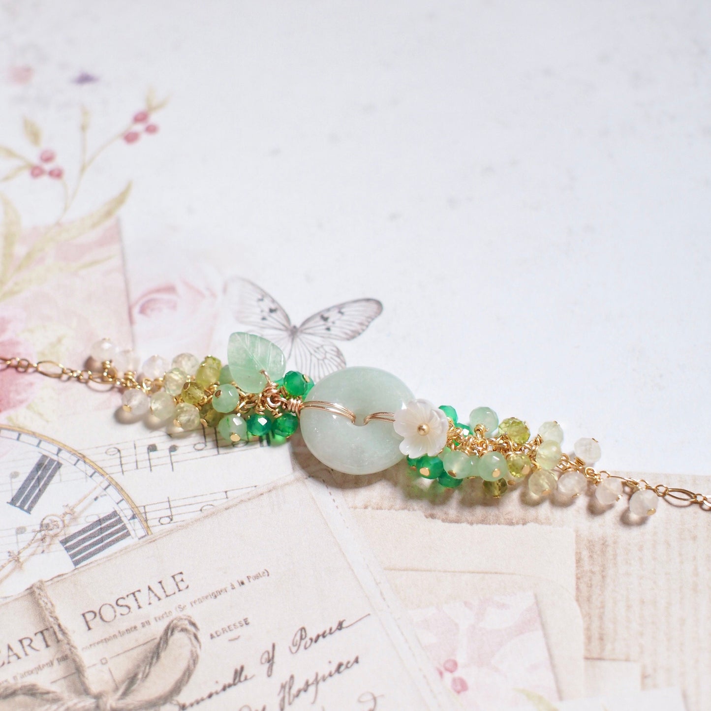 Type A Burmese Jade Donut Bracelet // Floral Design // 14K Gold-filled // Refreshing & Youthful