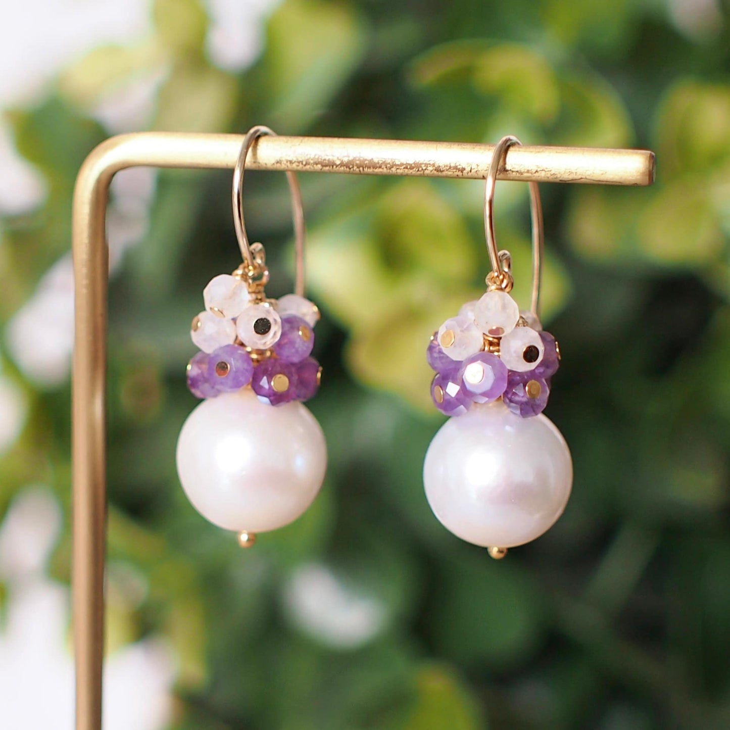 Fresh Water Pearl Earrings // Gem Cluster // Amethyst x Moonstones // 14K Gold-filled // Sweet & Dreamy