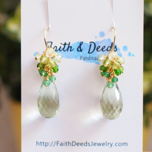 Green Amethyst Earrings // Gem Cluster // 14K Gold-filled // Elegant and Unique
