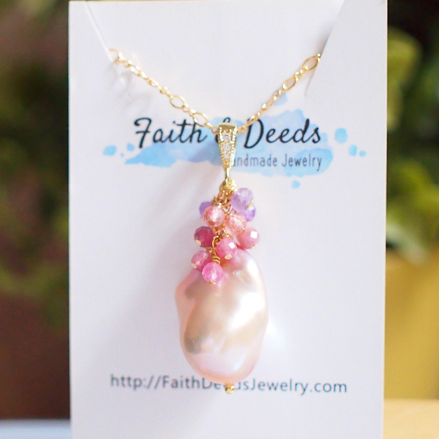 Rainbow Baroque Pearl Pendant // Flameball Pearl // Statement Necklace // Tourmaline x Strawberry Quartz x Amethyst // 14K Gold-filled
