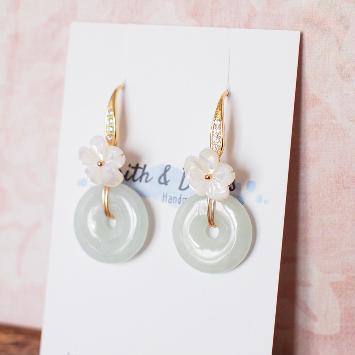 Type A Burmese Jade Donut Earrings // White Flower // 14K Gold-filled // Graceful and Gorgeous