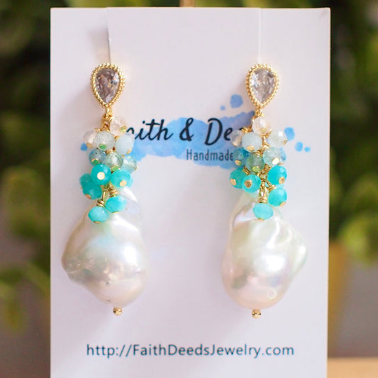 White Baroque Pearl Earrings // Flameball Pearls // Blue Gem Cluster // Ocean Theme // 14K Gold-filled // Sparkly & Stunning