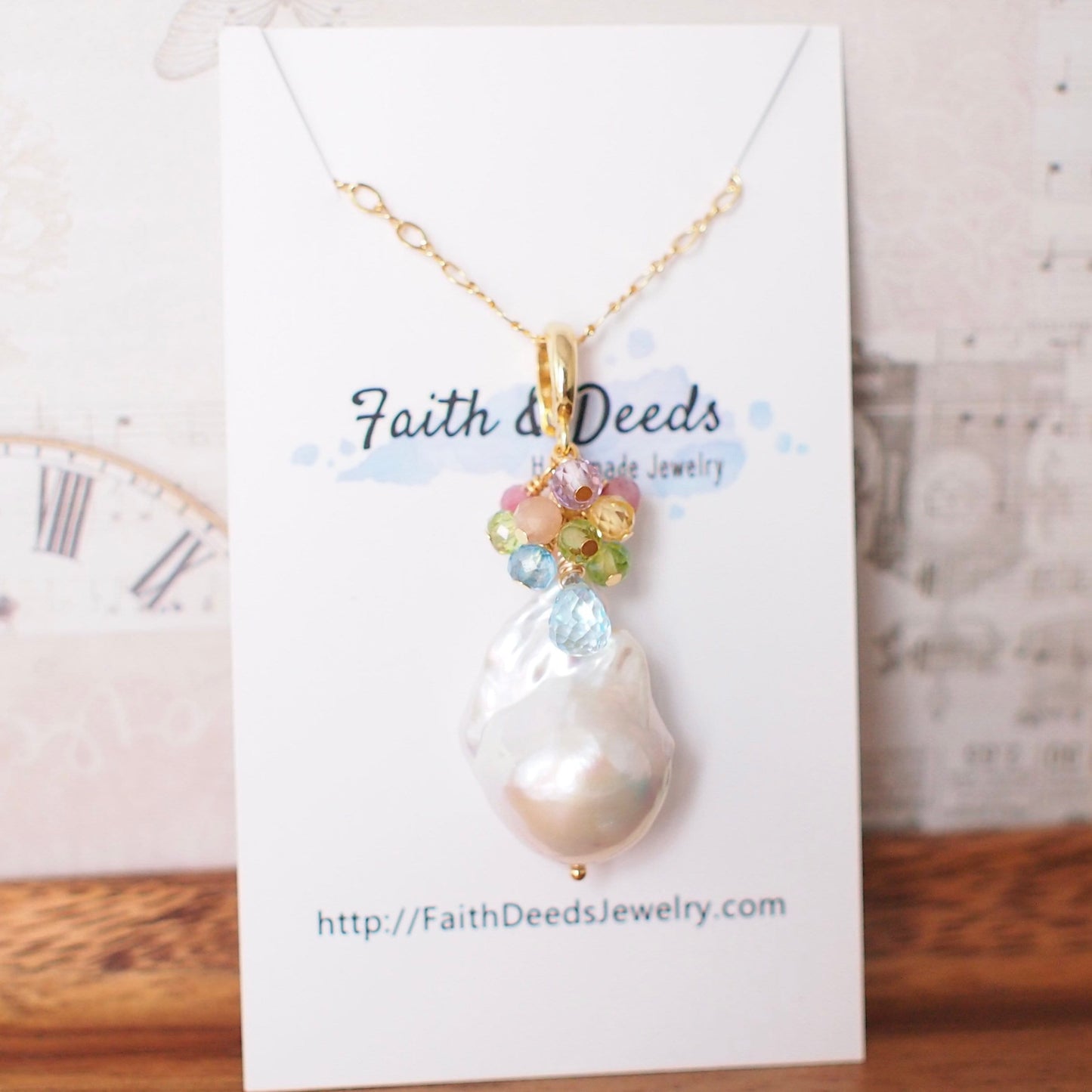 Baroque Pearl x Gem Cluster Pendant // Flameball Pearl // Long Statement Necklace // Rainbow Gems // 14K Gold-filled