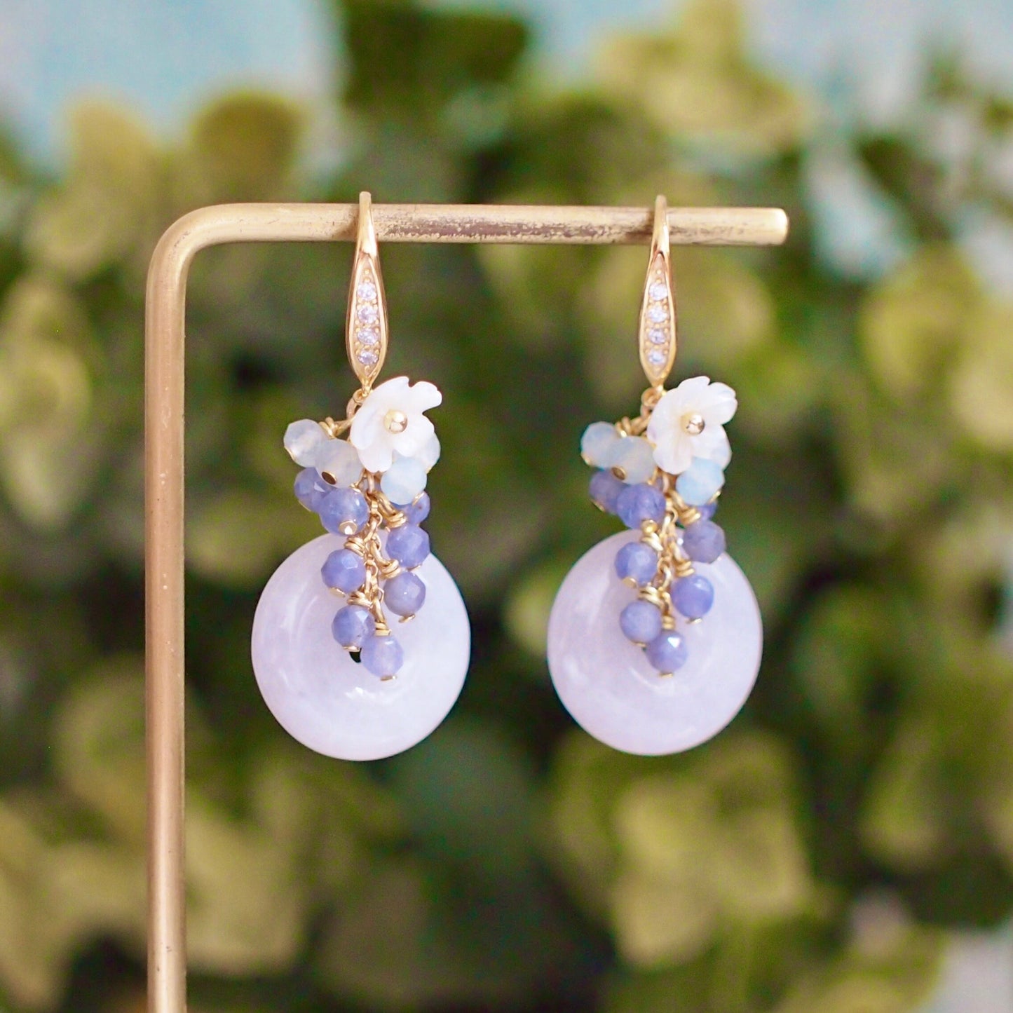 Type A Burmese Jade Donut Earrings // Gem Cluster // Mother of Pearl Flower // 14K Gold-filled // Dreamy & Romantic