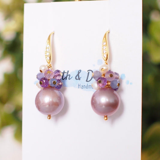 Purple Edison Pearl Earrings // Gem Cluster // Amethyst x Tanzanite x Pearls // 14K Gold-filled // Dreamy and Romantic