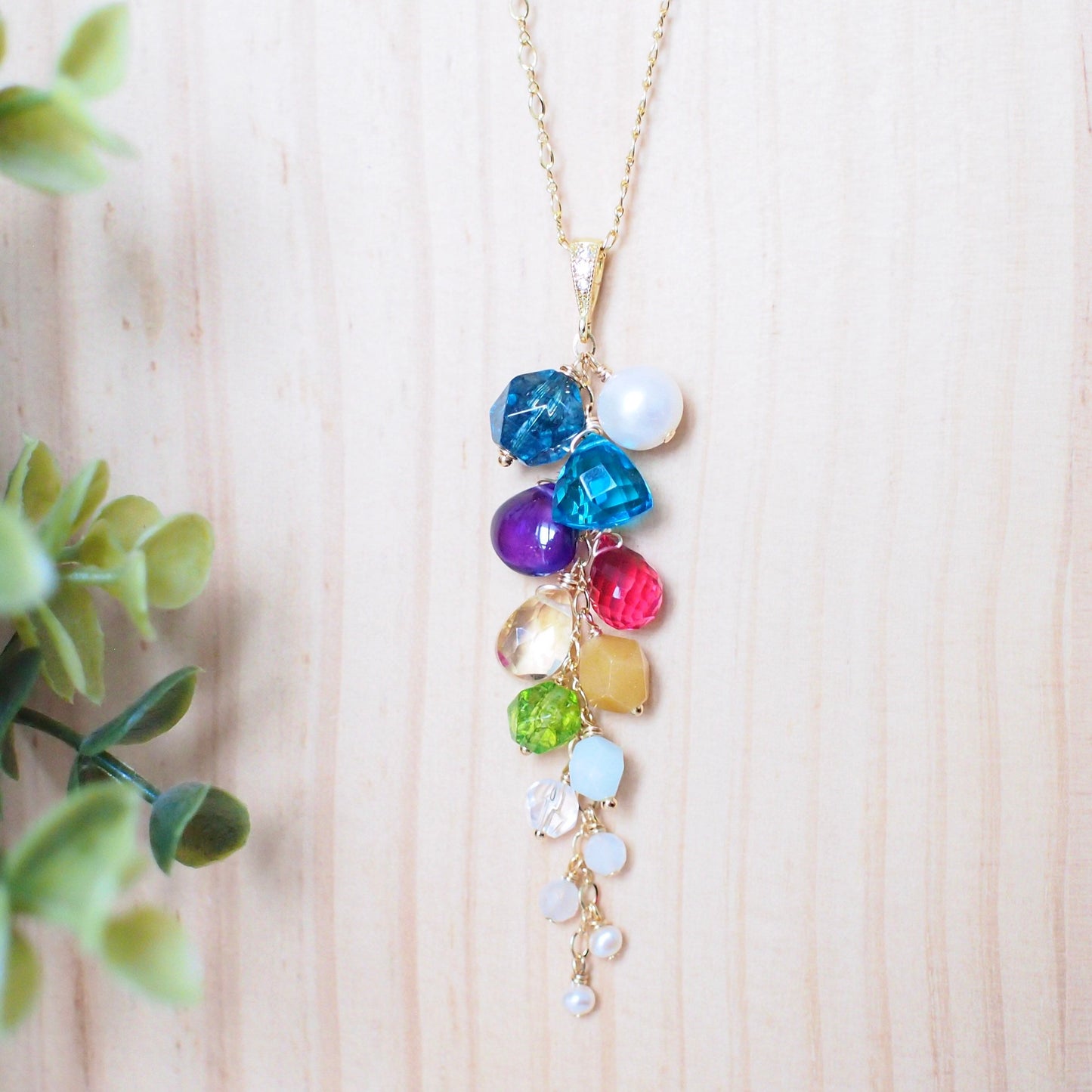 Multi Stones Long Dangling Pendant // Statement Necklace // Colourful & Chic // 14K Gold-filled