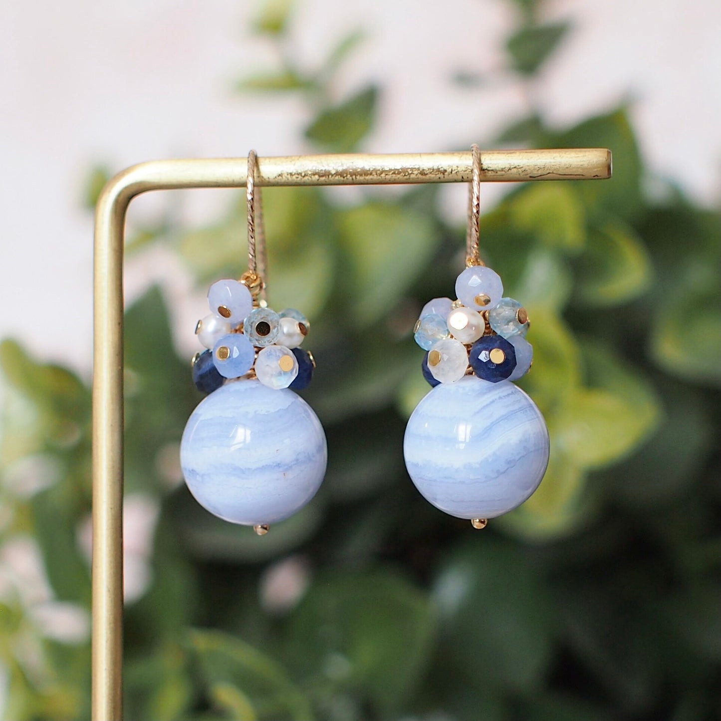 Blue Lace Agate Earrings // Blue Stones x Pearls Cluster// 14K Gold-filled // Lovely & Feminine