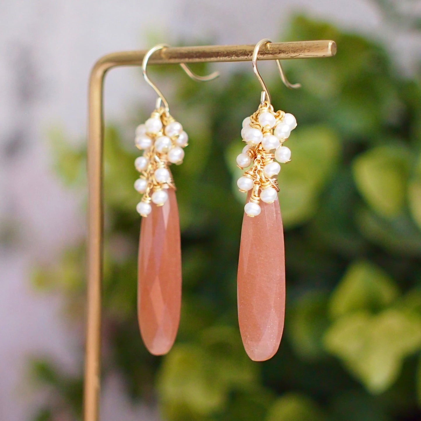 Sunstone Earrings // Statement Earrings // Pearl Cluster // 14K Gold-filled // Wire-wrapped // Elegant & Timeless