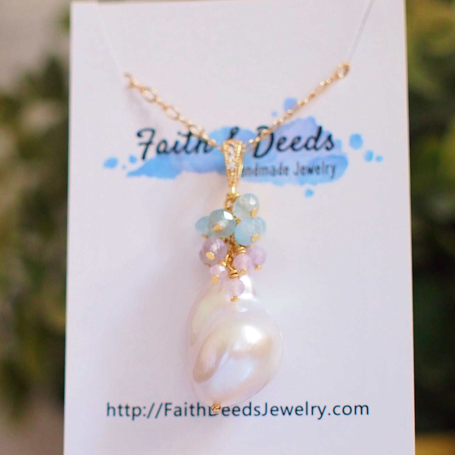 Baroque Pearl Pendant // Flameball Pearl // Long Statement Necklace // Amethyst x Chalcedony // 14K Gold-filled