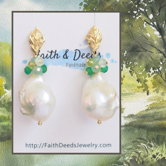 Baroque Pearl Earrings // Flameball Pearls // Green Gem Cluster // 14K Gold-filled // Stunning & Lovely