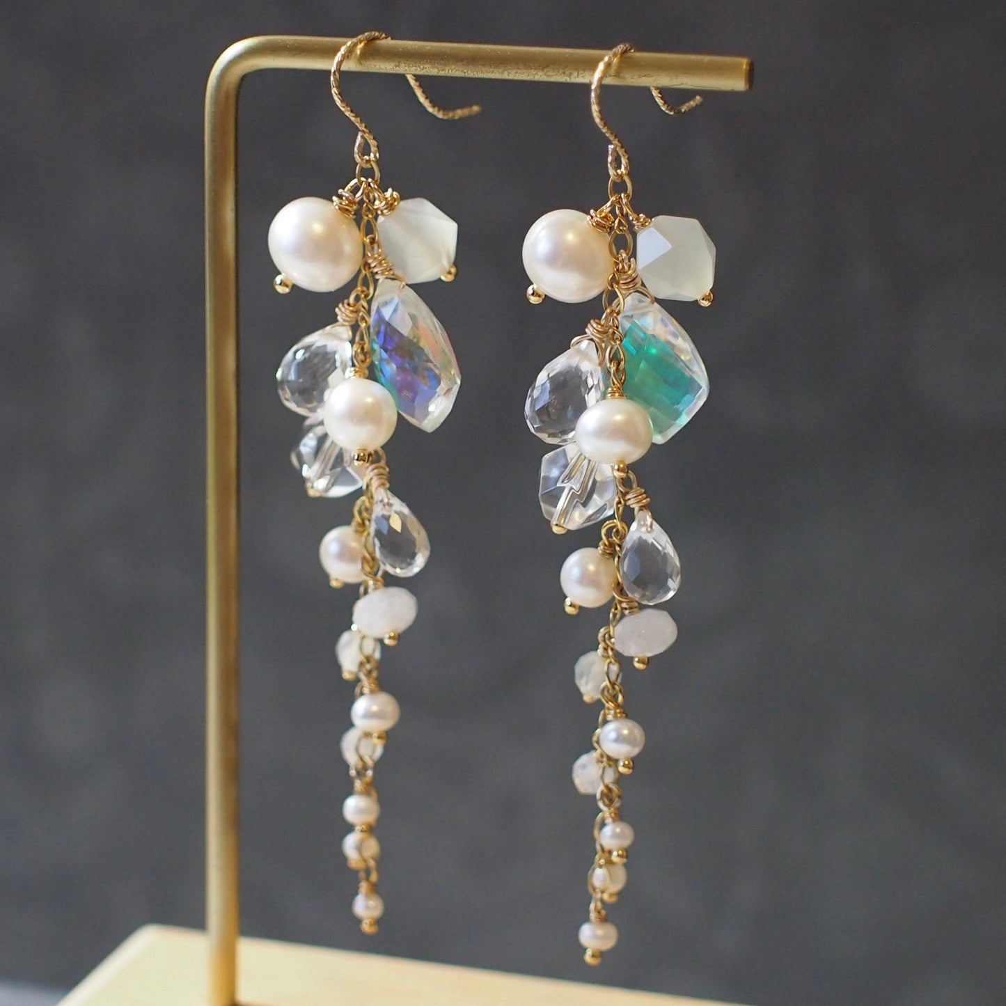 Multi Stones Dangle Earrings // White Theme // Dangling Style // Gems Cluster // Sparkly & Graceful // 14K Gold-filled // Bridal