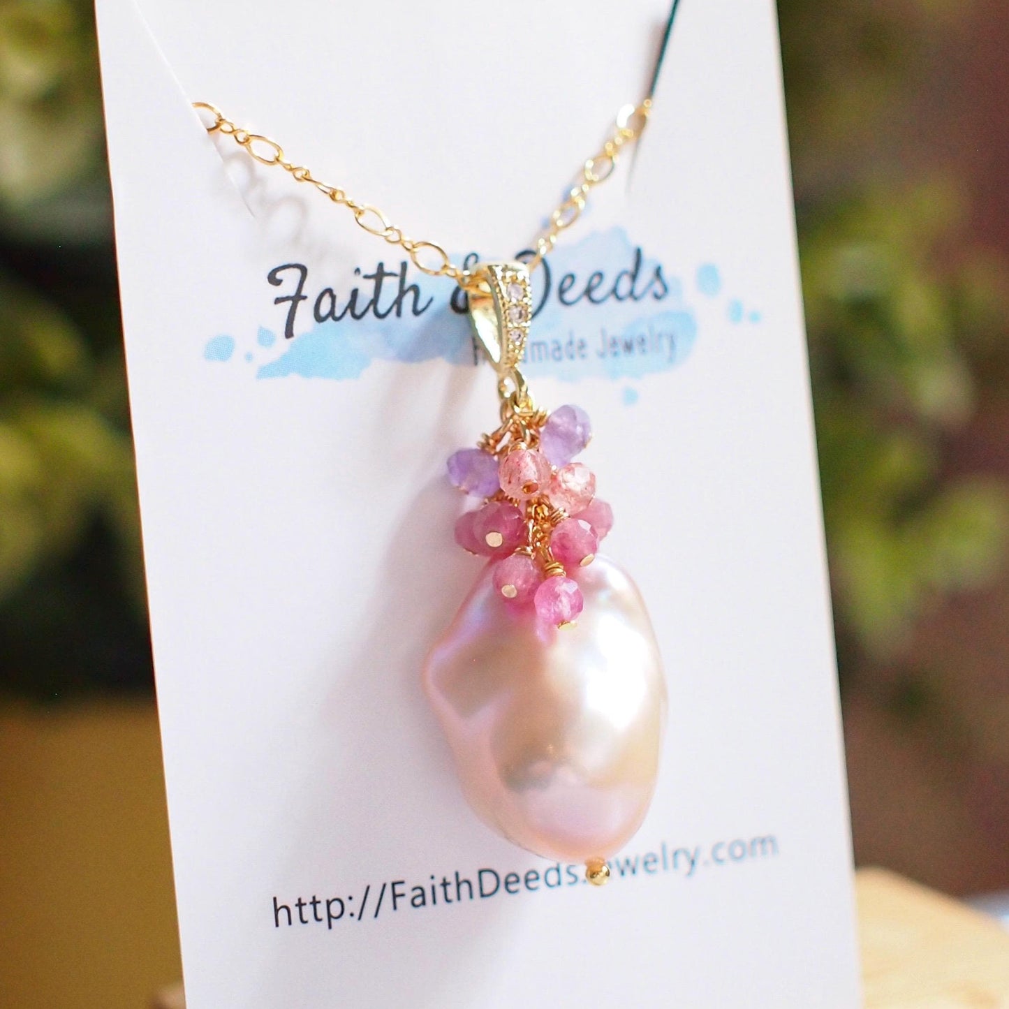 Rainbow Baroque Pearl Pendant // Flameball Pearl // Statement Necklace // Tourmaline x Strawberry Quartz x Amethyst // 14K Gold-filled