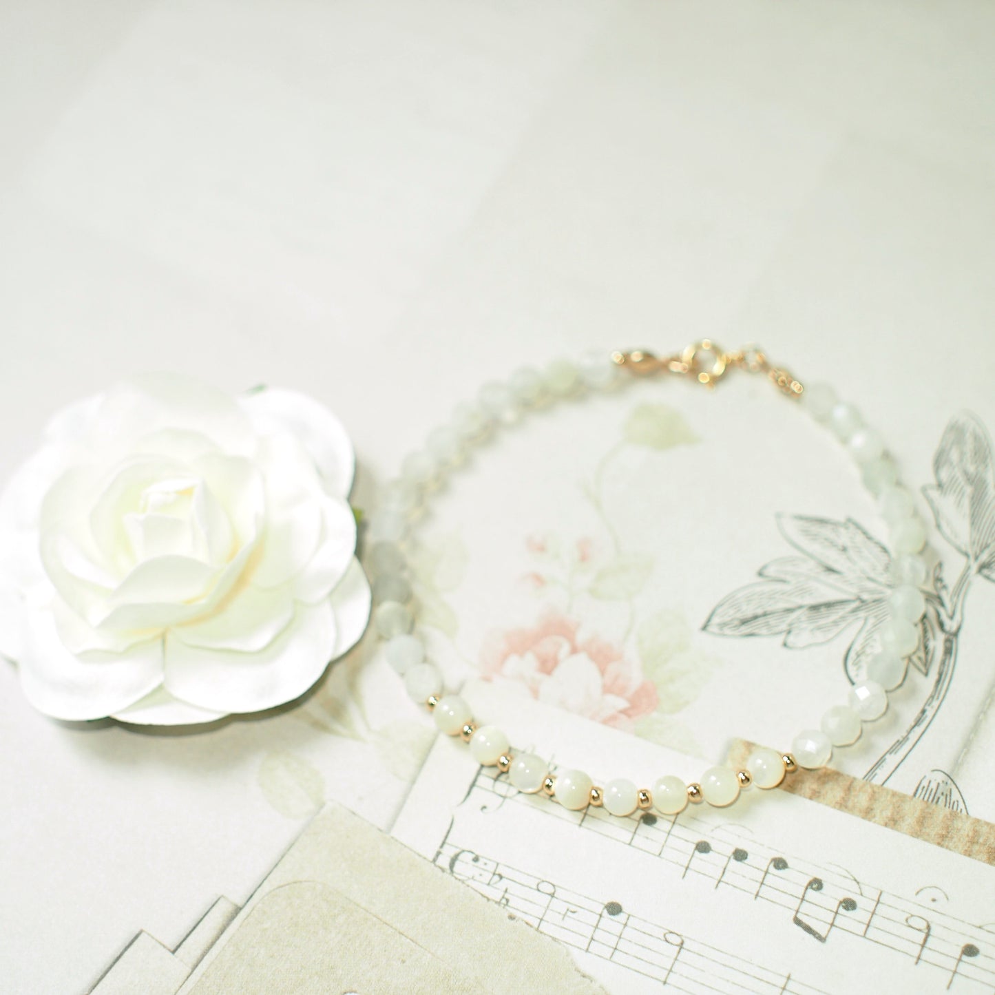 Moonstones x Mother of Pearl Bracelet // Sophisticated & Sleek // Dainty // Stackable // 14K Gold-filled