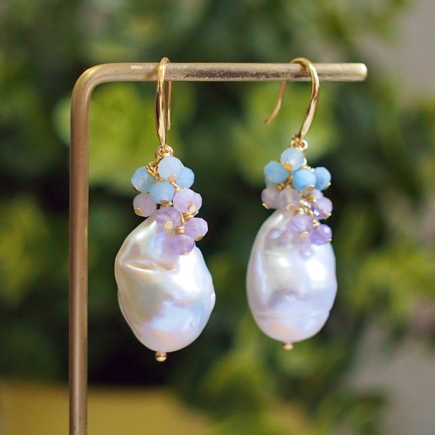White Baroque Pearl Earrings // Flameball Pearls // Pastel Gem Cluster // Amethyst x Aquamarine // 14K Gold-filled // Sweet & Graceful