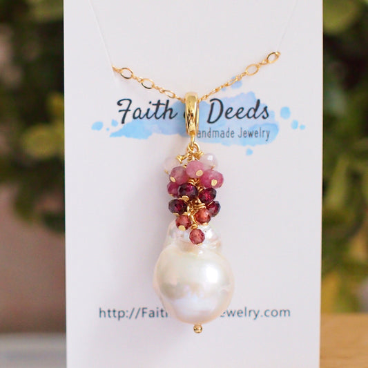 Baroque Pearl x Gem Cluster Pendant // Flameball Pearl // Long Statement Necklace // Garnet x Pink Tourmaline x Amethyst // 14K Gold-filled