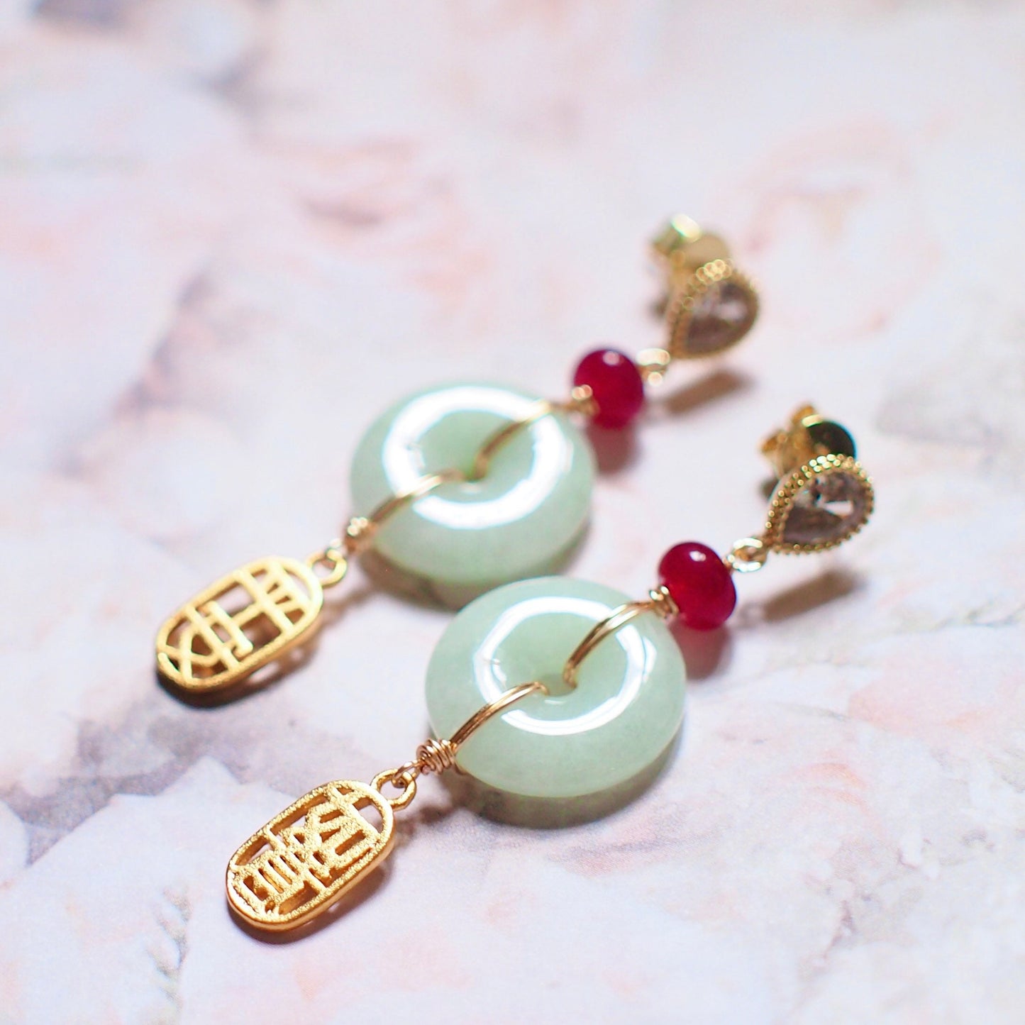 Type A Burmese Jade Donut Earrings // Red Chalcedony // Charms of Blessings // 14K Gold-filled // Oriental Theme