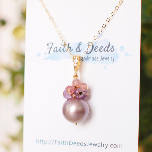Edison Pearl Pendant // Natural Pinkish Purple // Amethyst x Strawberry Quartz Cluster // 14K Gold-filled