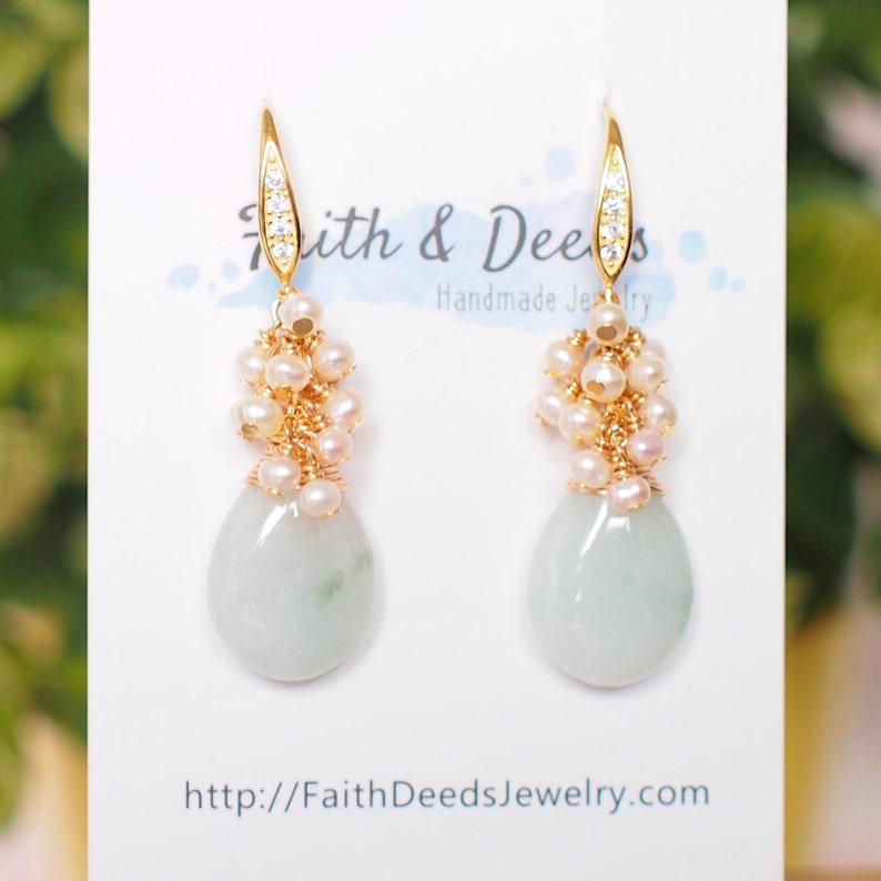 Type A Burmese Jade Drops Earrings // Pearl Cluster // 14K Gold-filled // Elegant & Stunning