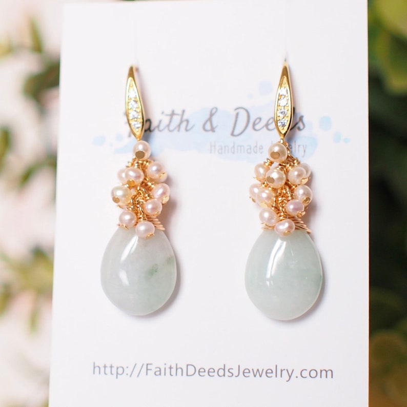 Type A Burmese Jade Drops Earrings // Pearl Cluster // 14K Gold-filled // Elegant & Stunning