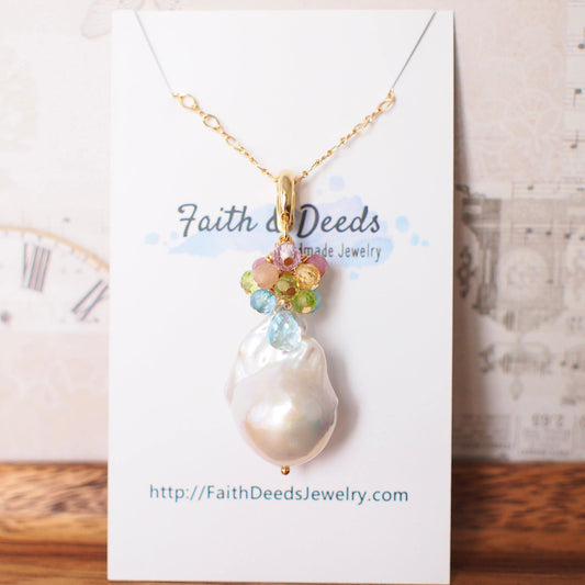 Baroque Pearl x Gem Cluster Pendant // Flameball Pearl // Long Statement Necklace // Rainbow Gems // 14K Gold-filled