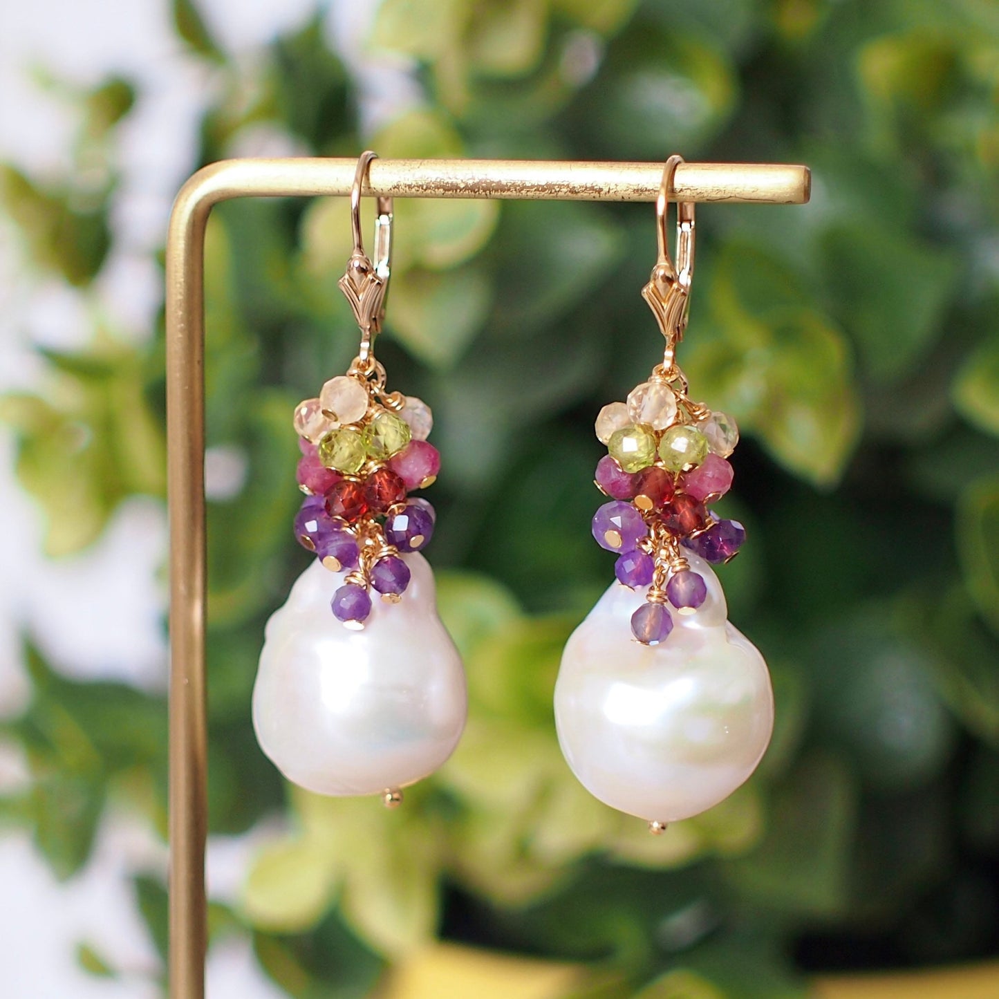 Baroque Pearl Earrings // Flameball Pearls// Colourful Gems Cluster // Elaborated // 14K Gold-filled // Elegant & Gorgeous