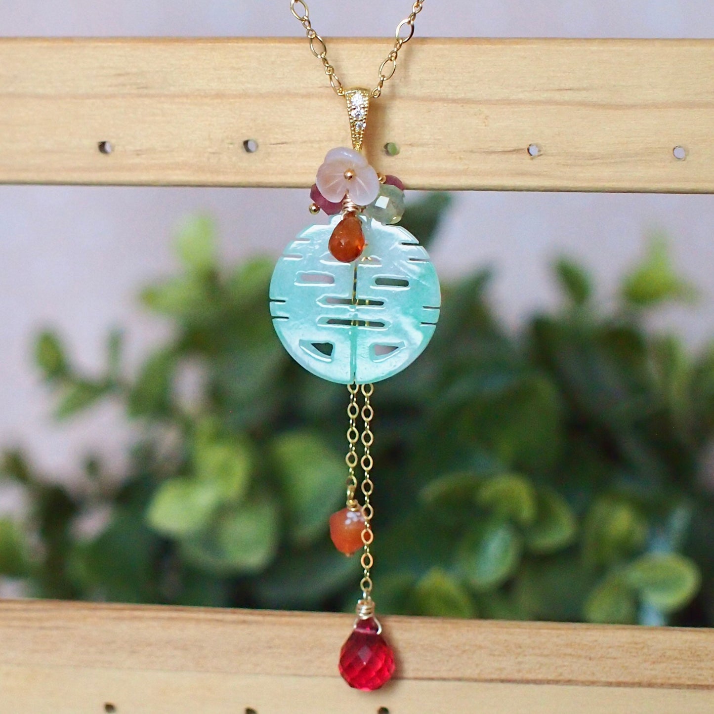Type A Carved 囍 Jadeite Pendant // Long Statement Necklace // Bold & Gorgeous // 14K Gold-filled