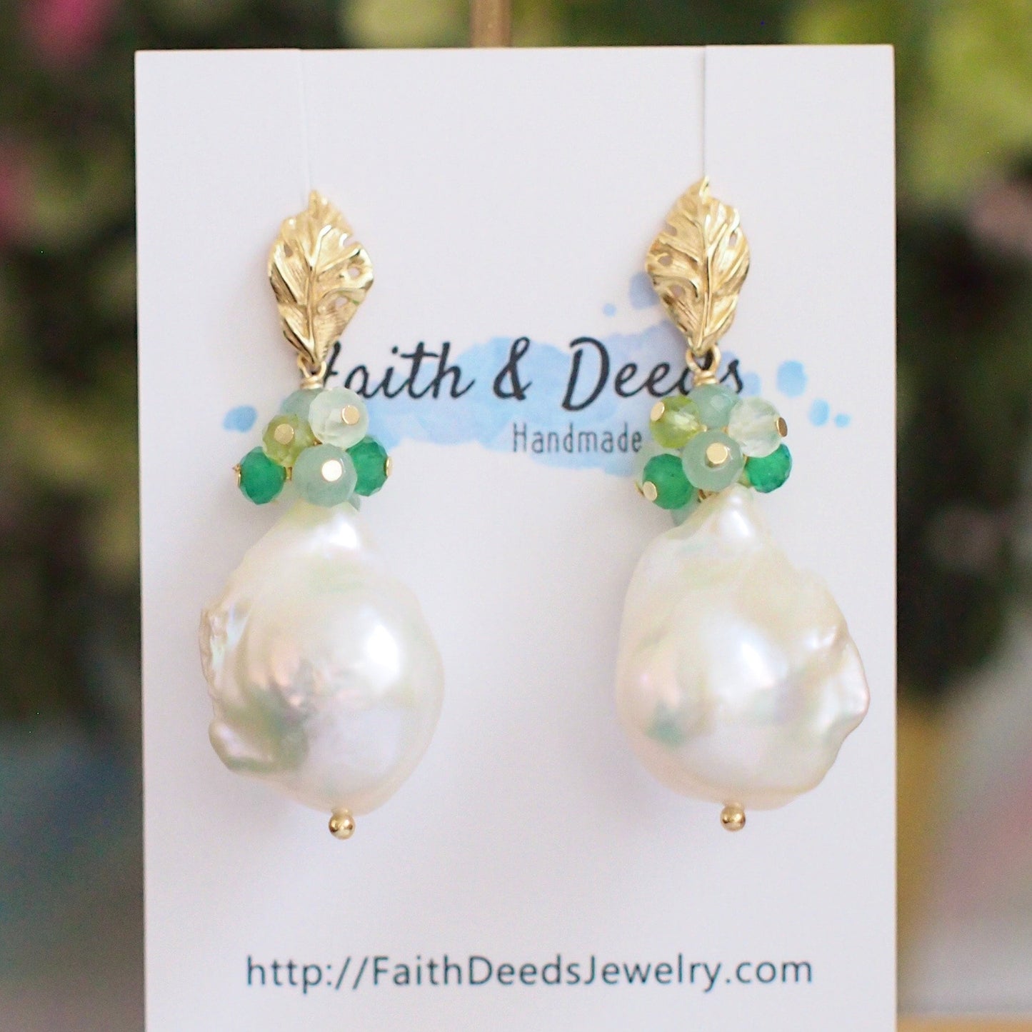 Baroque Pearl Earrings // Flameball Pearls // Green Gem Cluster // 14K Gold-filled // Stunning & Lovely