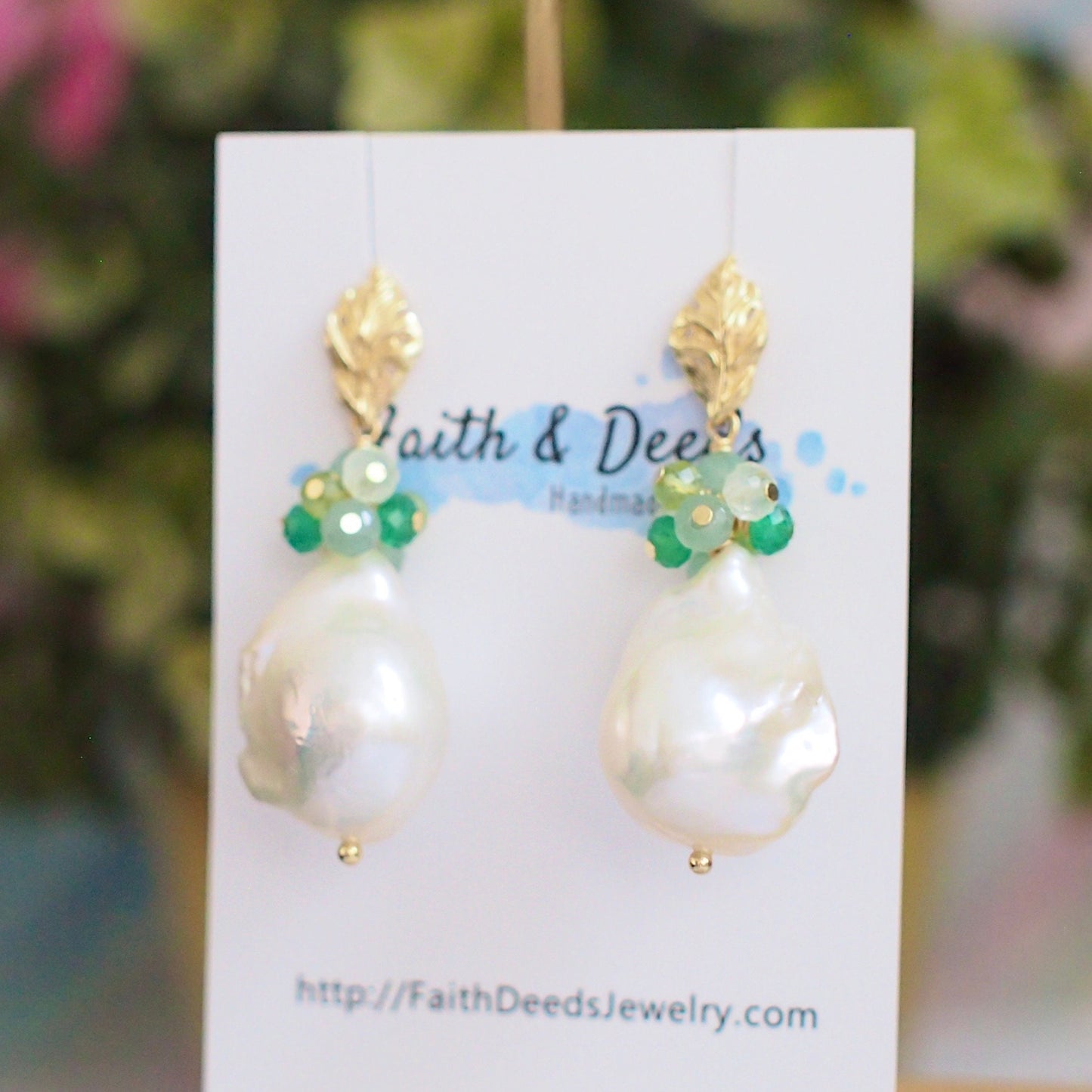 Baroque Pearl Earrings // Flameball Pearls // Green Gem Cluster // 14K Gold-filled // Stunning & Lovely