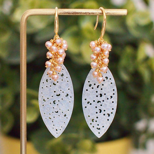 Type A White Carved Jadeite Statement Earrings // Peach Pearl Cluster // 14K Gold-filled // Graceful & Regal