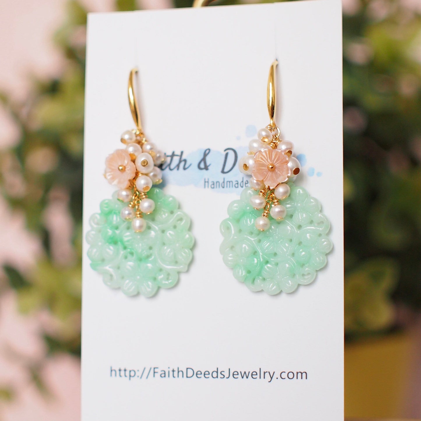 Type A Carved Jadeite Statement Earrings // Pearl Cluster // 14K Gold-filled // Feminine & Elegant