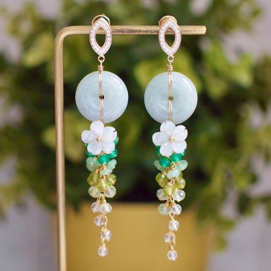 Type A Burmese Jade Donut Earrings // Green Ombre // 14K Gold-filled // Long Dangling Style