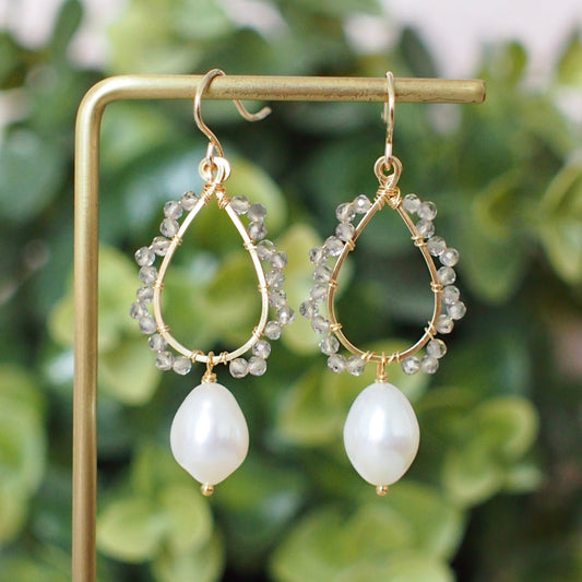 Teardrop Pearls x Smokey Quartz Earrings // 14K Gold-filled // Wire-wrapped // Understated & Graceful