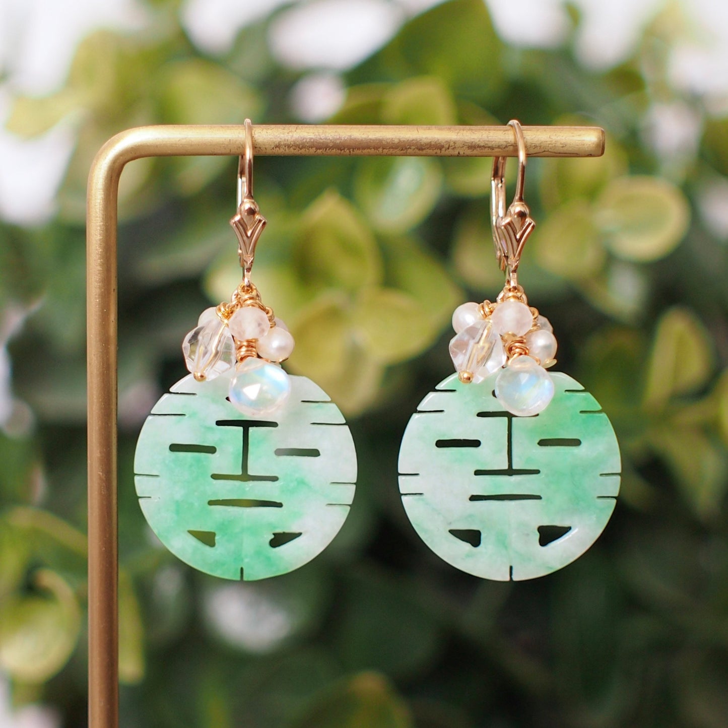 Type A Carved 囍 Jadeite Statement Earrings // Gem Cluster // 14K Gold-filled // Graceful & Elegant