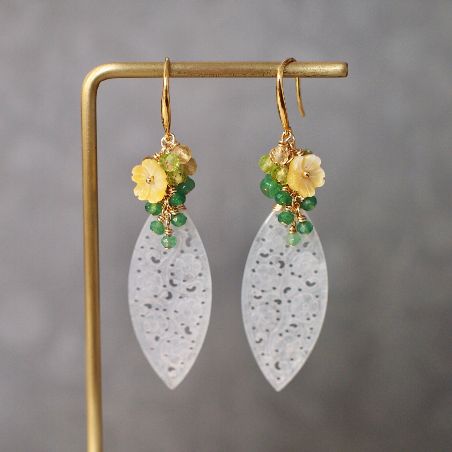 Type A White Carved Jadeite Statement Earrings // Gem Cluster // Aventurine x Peridot x Citrine Quartz // 14K Gold-filled// Modern & Elegant