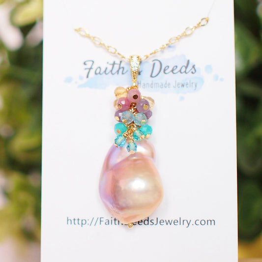 Rainbow Baroque Pearl Pendant // Flameball Pearl // Statement Necklace // Unicorn Colour // 14K Gold-filled