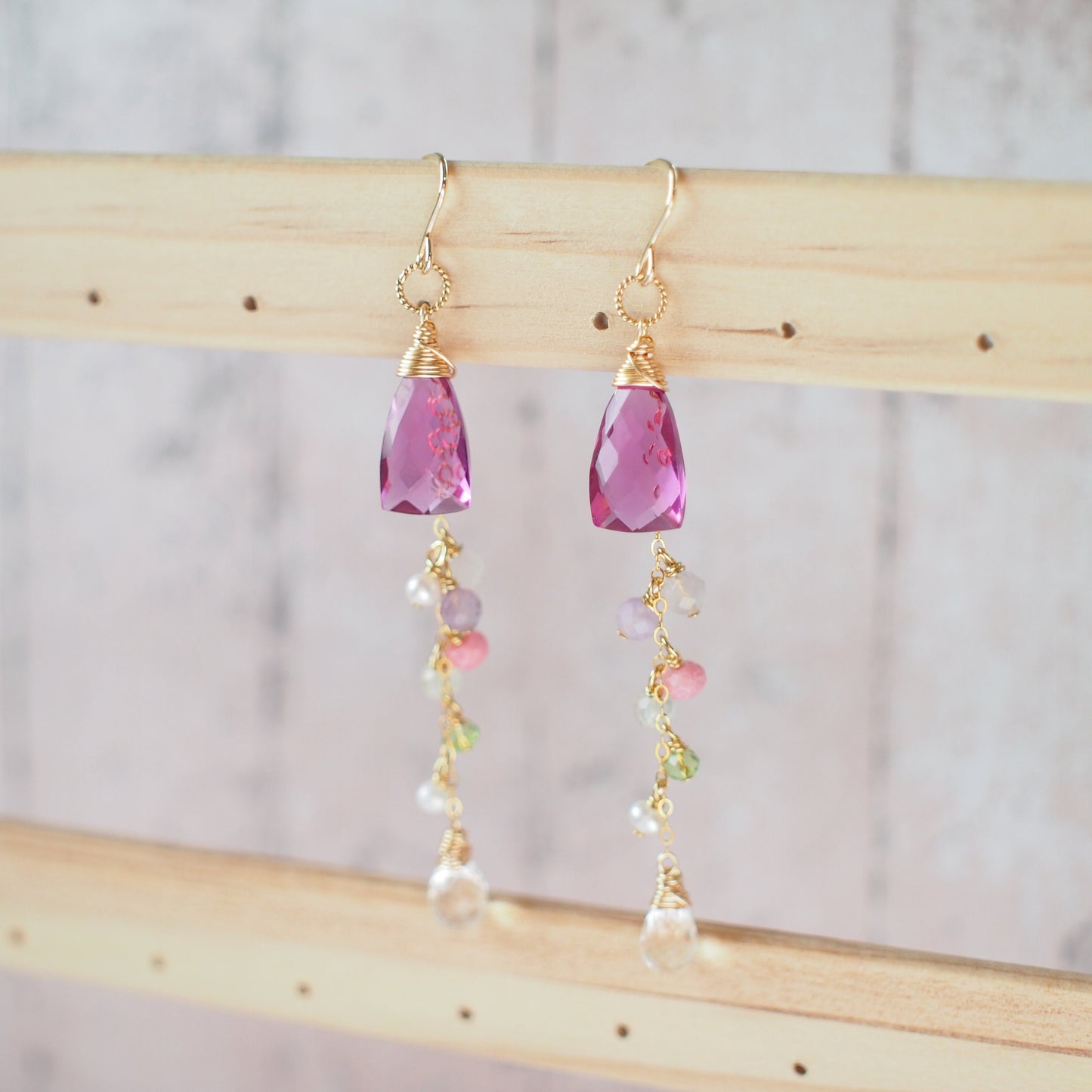 Rhodolite Pink Quartz Earrings // Dangling Style // 14K Gold-filled // Wire-wrapped // Assorted Gems // Sweet & Sassy